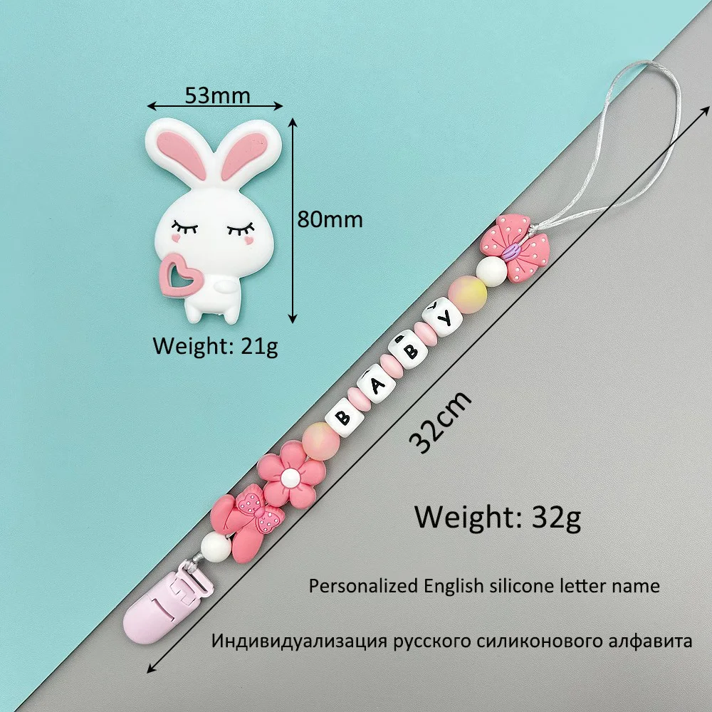 Baby Kawaii Toy Gifts Customized Letters Name Baby Rabbit Silicone Luminous Beads Pendant Pacifier Clips Chains Holder Teether