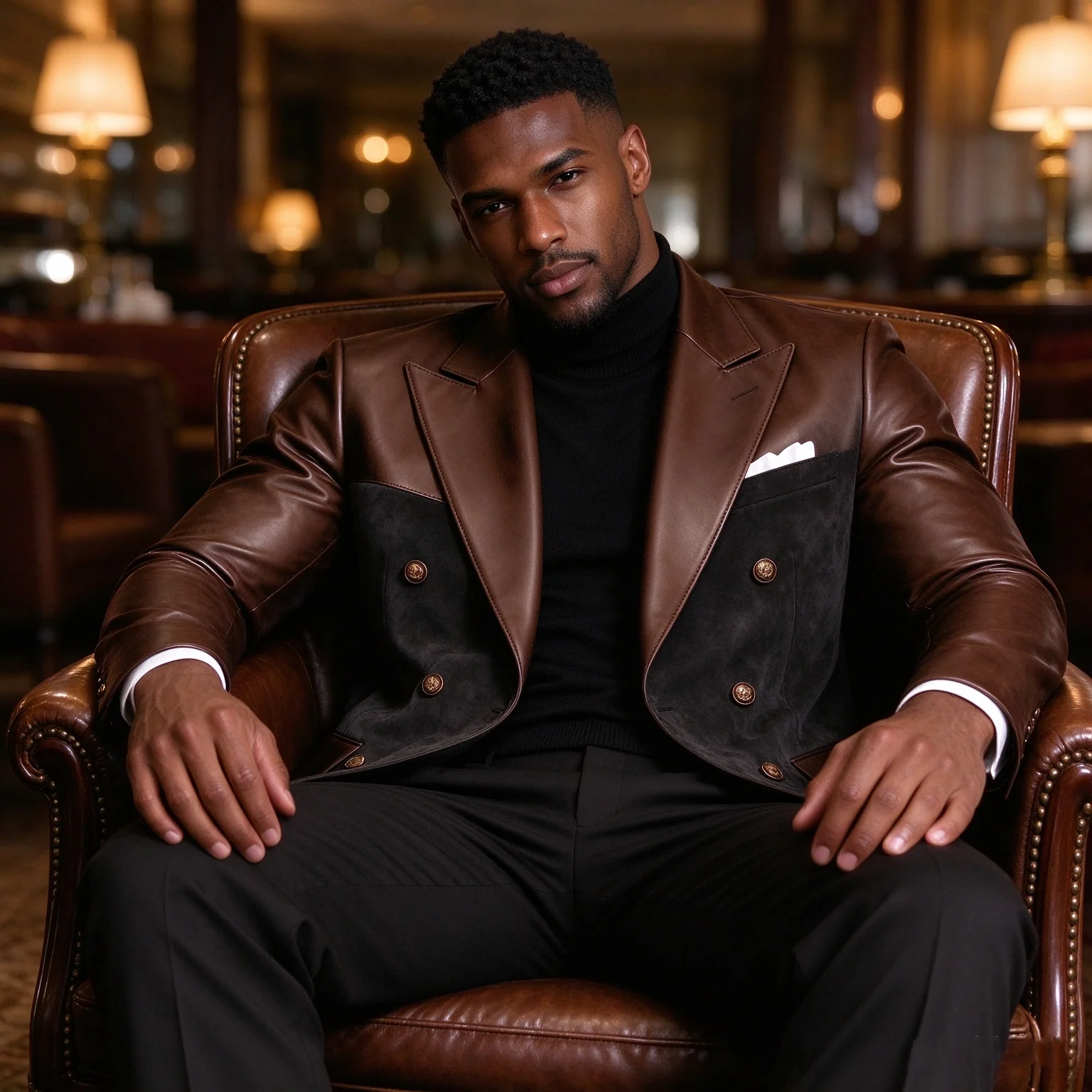 Men's Suede Patchwork  PU Leather BlazerDouble-breasted Contrast Color Casual Suit Jacket  Designer Elegant Slim Male Outerwear