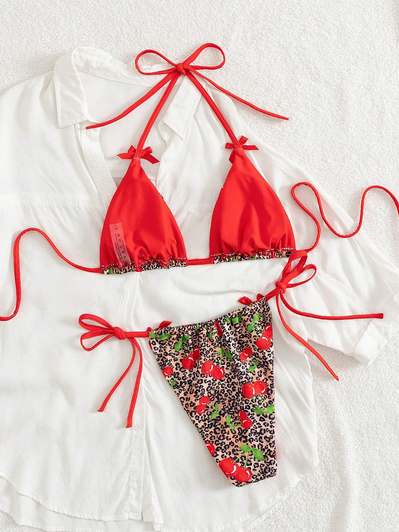 sexy cherry leopard print bow bikinis sets two pieces back tie thong swimsuits bathing suit swimwear trikini biquini tankini