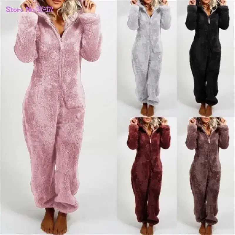 Onesies Fluffy Fleece Jumpsuits Sleepwear Overall Plus Size Hood Sets Pajamas For Women Adult For Winter Warm Pyjamas Women