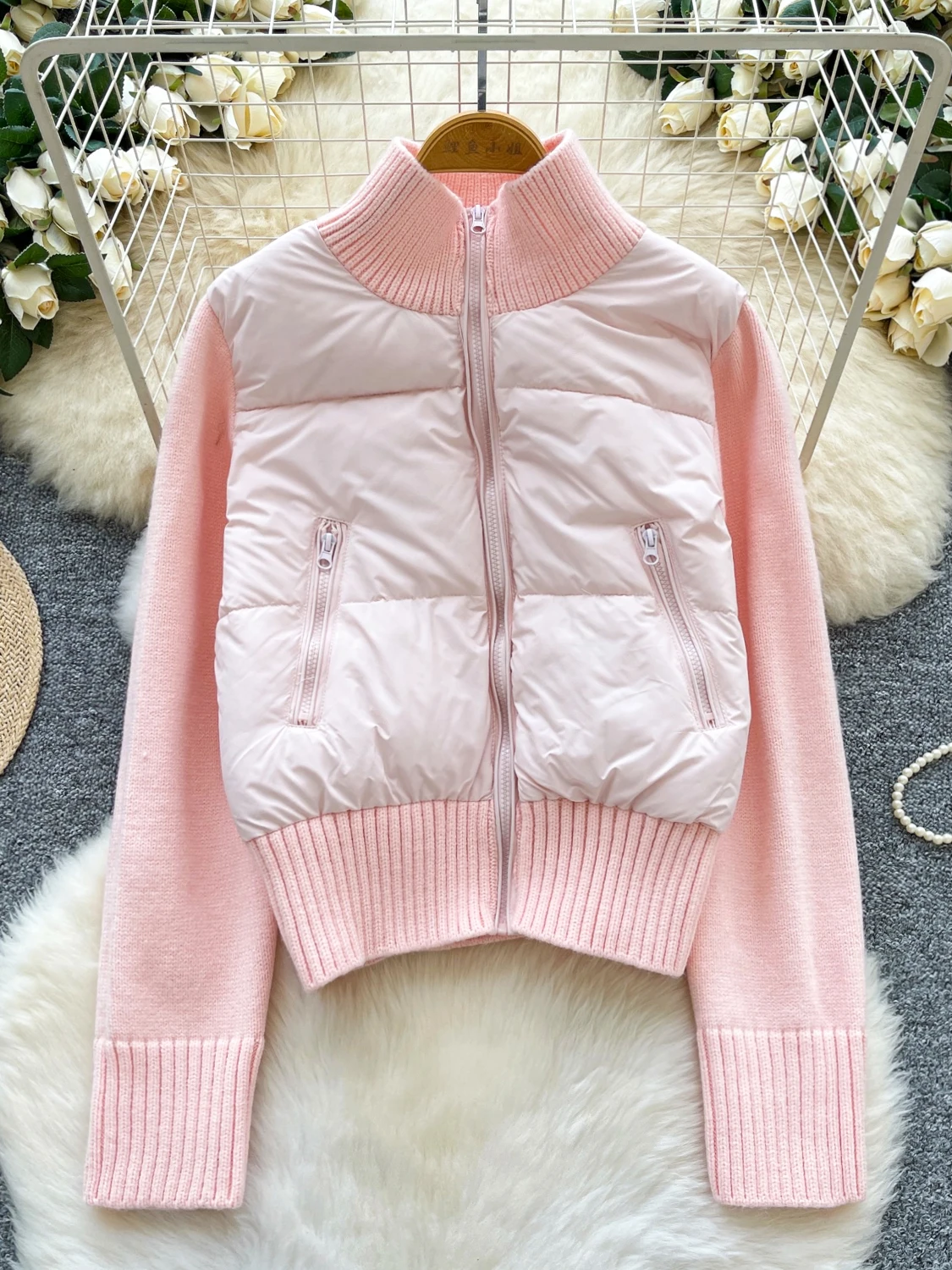 

Women's Knitted Patchwork Cotton Jaet Loose Fit Stand Collar ort Warm Top Autumn Winter Design Casual Versatile Outerwear