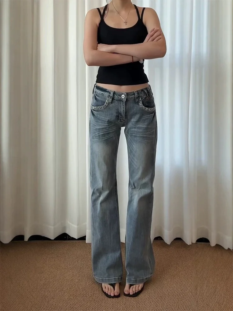 Low Waist Bell Bottom Denim Jeans Women Slim Fit Washed out Leopard Print Design Casual Straight Leg Long Trousers