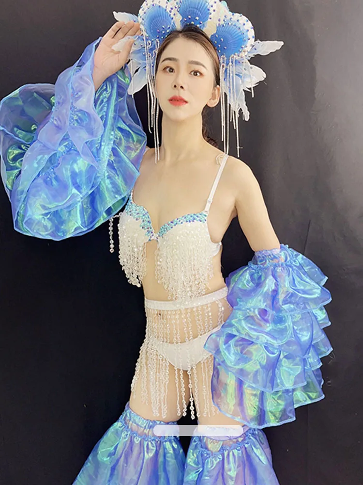Traje de Drag Queen, traje azul para actuación en escenario, Gogo, club nocturno, fiesta, espectáculo, ropa Rave, Bikini de concha Sexy, Cosplay de sirena 4126
