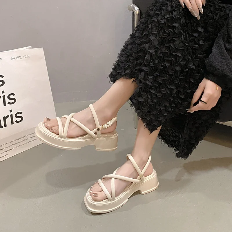 Summer Chunky Women Sandals Fashion Elegant Narrow Band Thick High Heel Slides Ladies Comfort Gladiator Sandalias Shoes