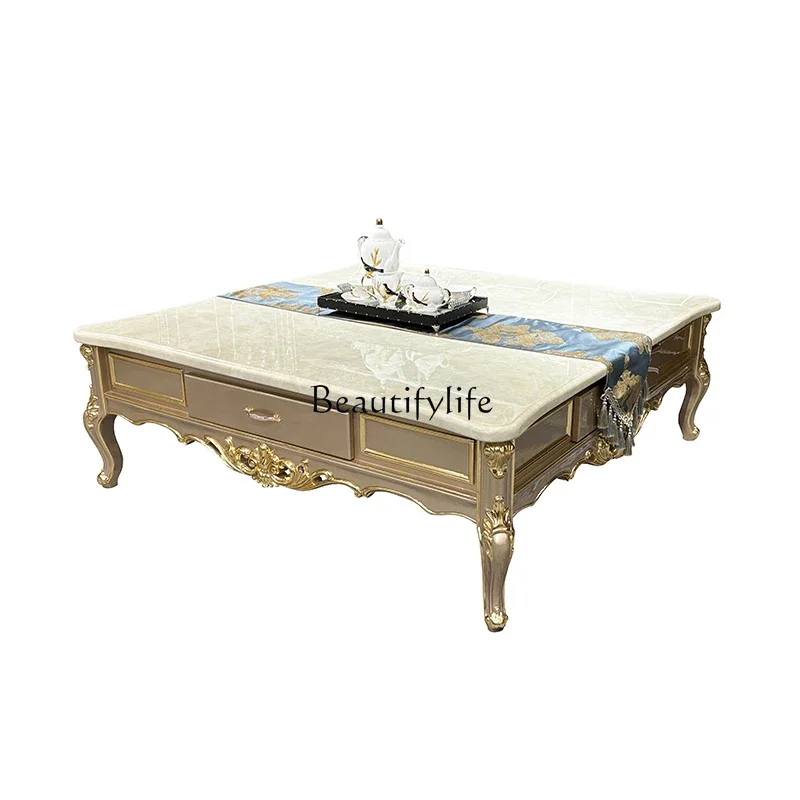 

05-French large coffee table Solid wood square court luxury villa Living room with drawers Marble large coffee table