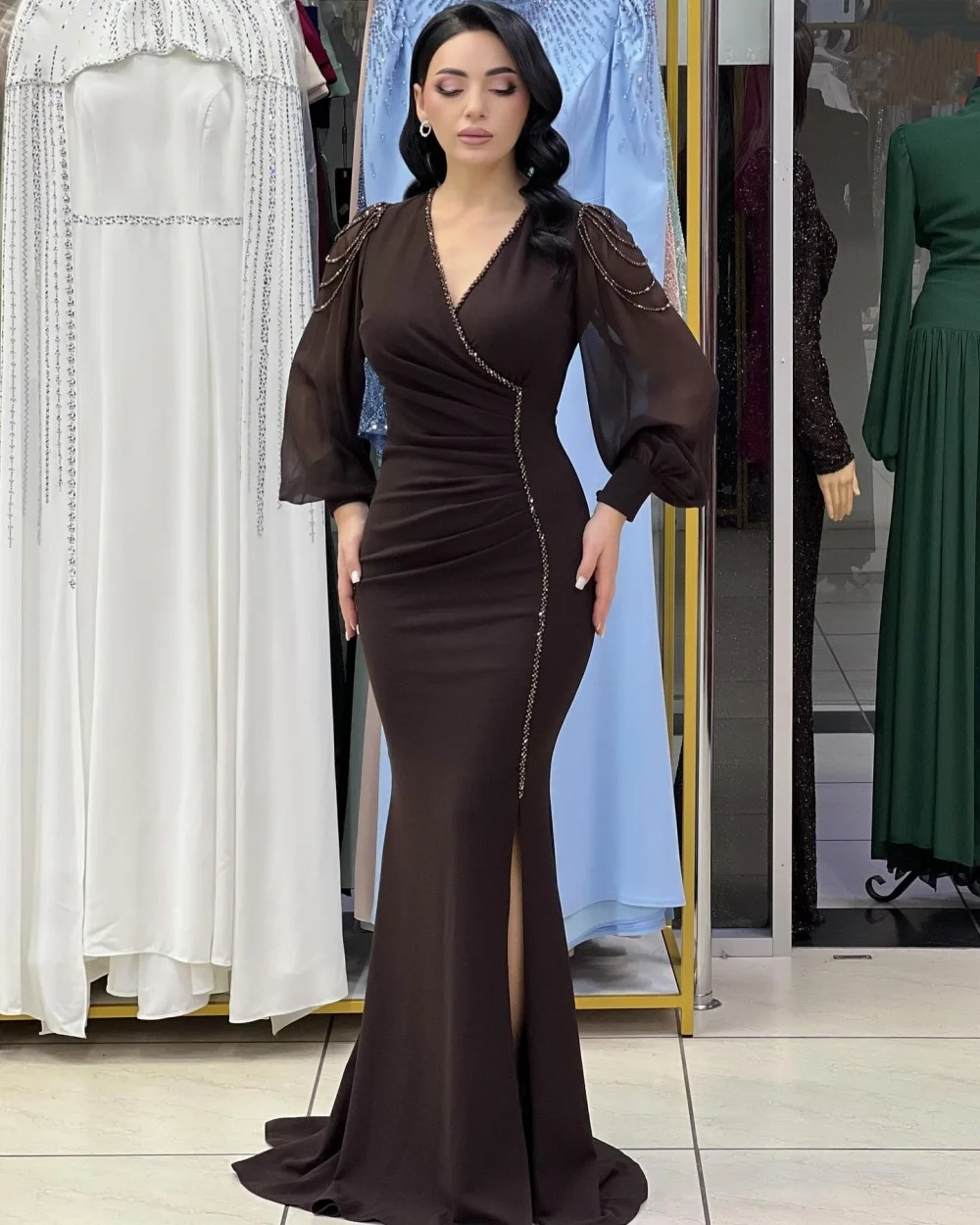 

Customized Modern Style Formal Jersey Rhinestone Beading Mermaid V-neck Long Dresses Bespoke Occasion Dresses Sizes Available