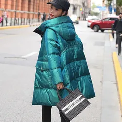 New Women Korean Down Jacket Fashion Snow Winter Warm White Duck Down Jacket Female Casual Irregular Shiny Hooded Parka Overcoat