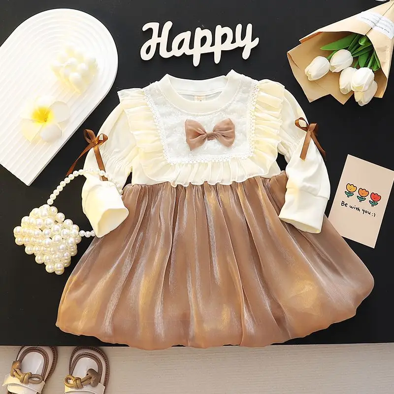 Kids Girls Princess Cute Bow Dress 2024 New Arrival Children Shinny Mesh Stitching Dresses Pink Cute Bud Dress Korean Style