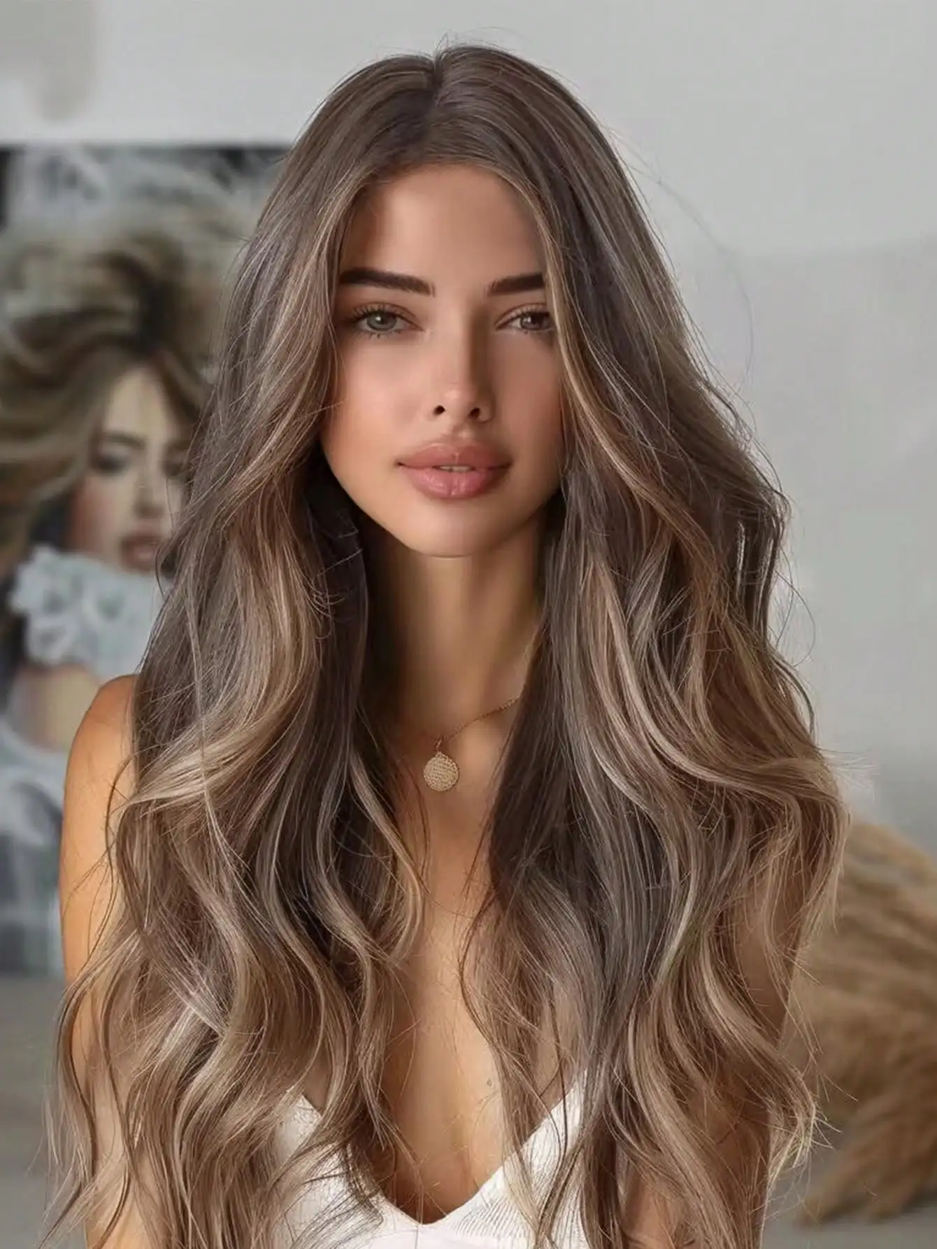 26 Inch Ombre Brown Long Curly Synthetic Wig, Women's Natural Brown Wig, Middle Part, Heat Resistant Synthetic Hair