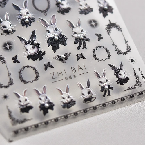 5D 일본 네일 스티커, 펑크 스타일, 블랙 래빗 & 다크 나비, 네일 아트 데칼 디자인, 장식 도구 하이 퀄리티 DIY, 1 개 