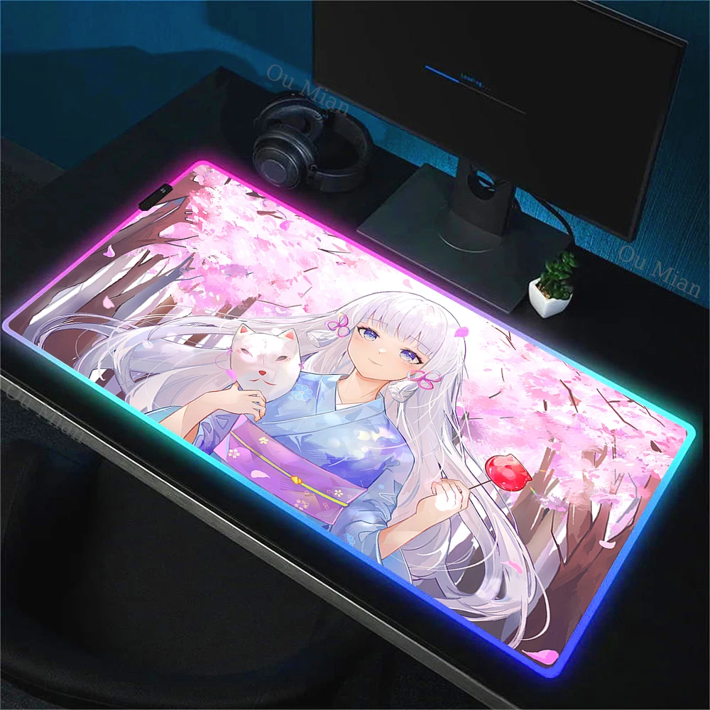 ゲンシンインパクト-kamisatoayakaアニメマウスパッド,LED,kawaiiガールマウスパッド,ゲーマーキーボードパッド,RGBゲームアクセサリー,xxl