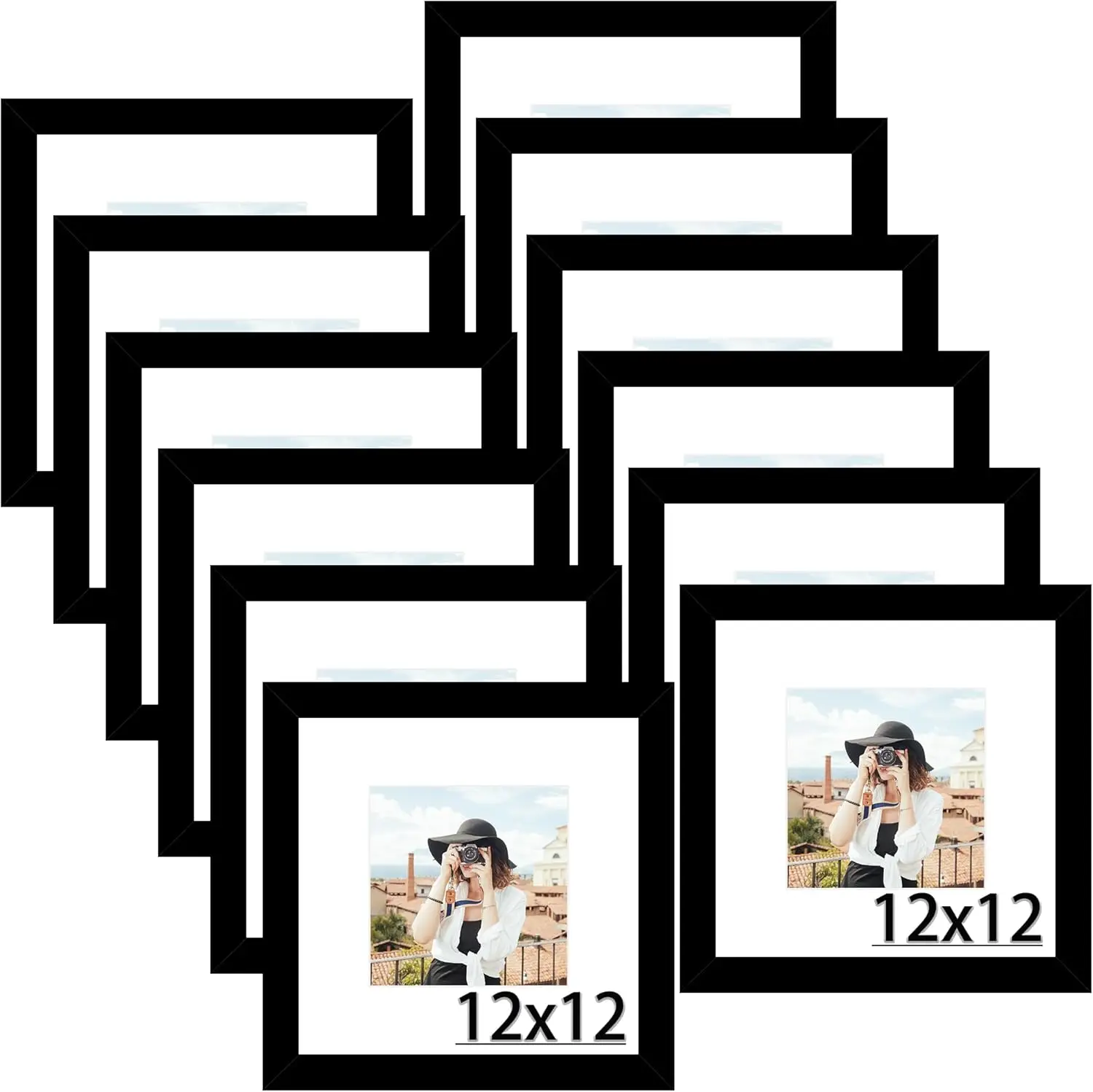 

12x12 Picture Frame Set of 12, Display 8x8 with Mat or 12x12 without Mat, Black Frames for Wall Mounting, Durable MDF