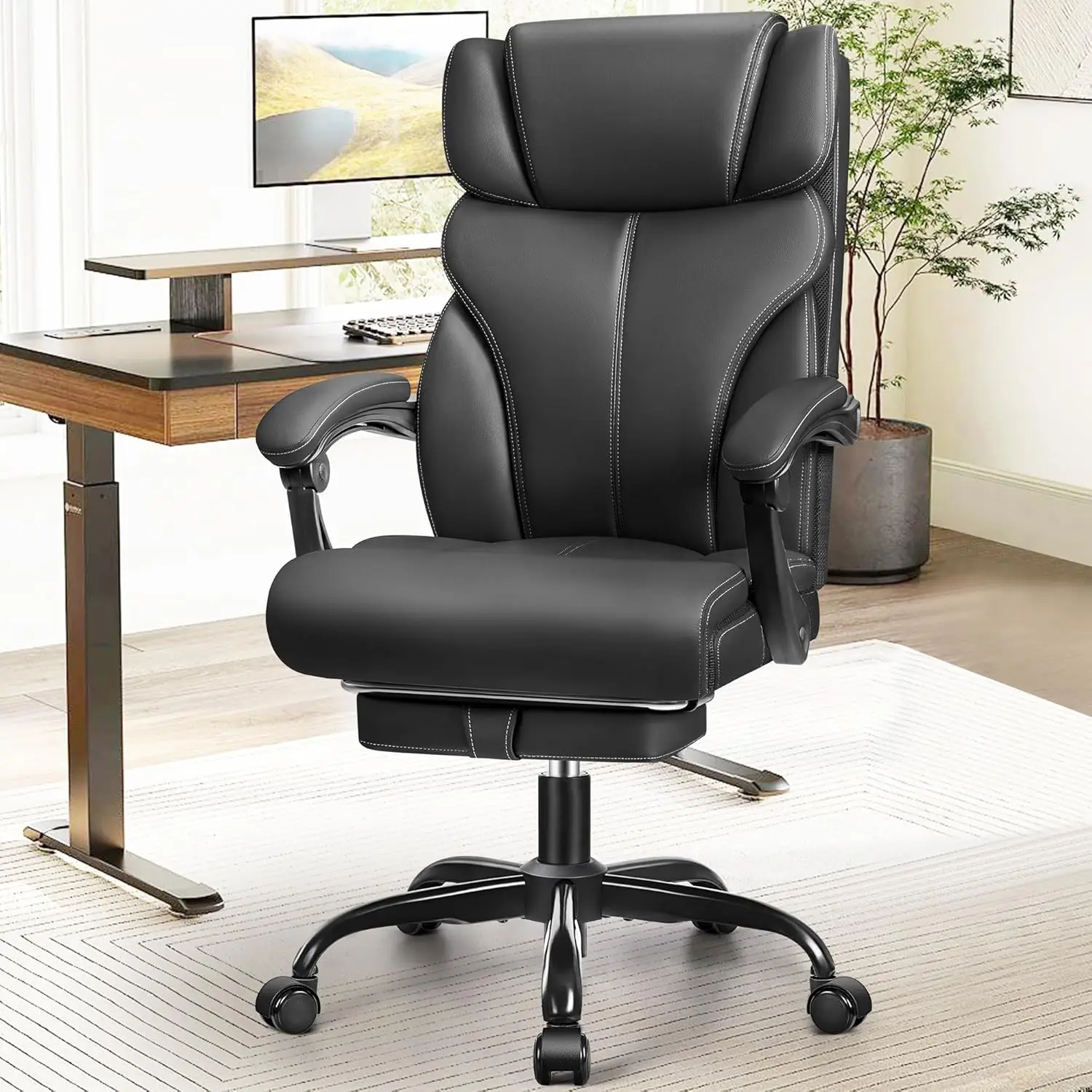 Tall ergonomic computer office chair, rotating roll over lumbar support work chair with adjustable high backrest foot pedals