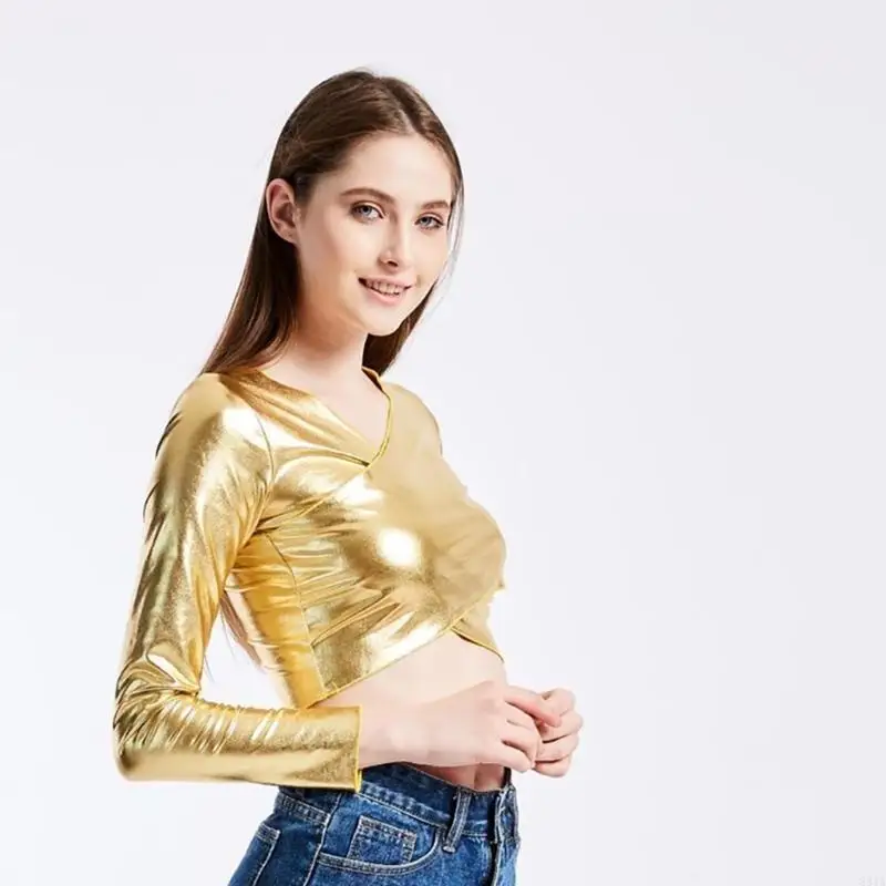 831A Women's Metallic Liquid Crossover V Neck Long Sleeve Crop Top for Rave Club Dance Wet Look Short Holographics T-Shirt