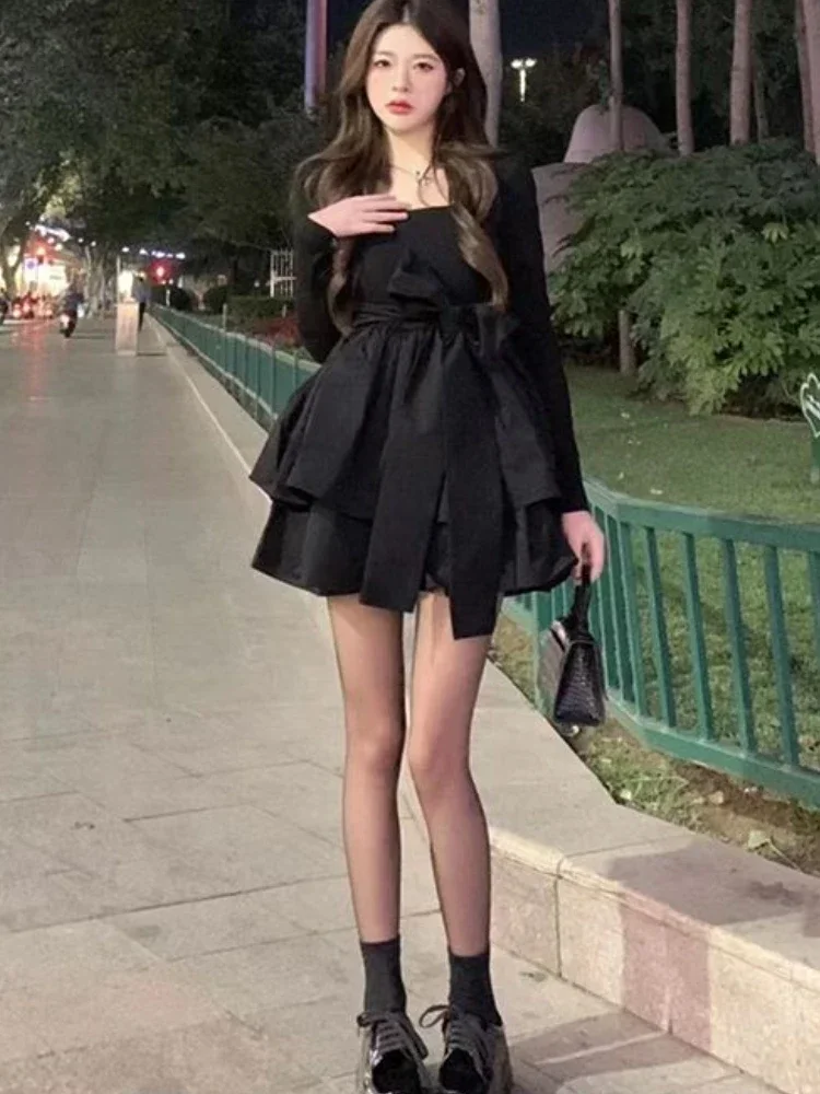 Mini vestidos femininos design em camadas hotsweet estilo coreano streetwear moda gola quadrada primavera elegante temperamento a linha ins feminino