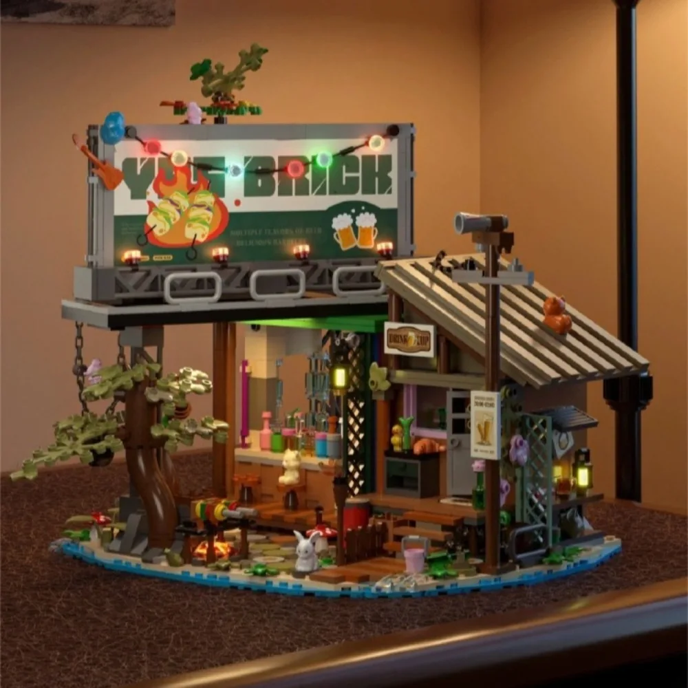 Criativo vista de rua arquitetônica floresta árvore casa blocos de construção com luz led diy montagem tijolos modelo brinquedo para crianças adultas