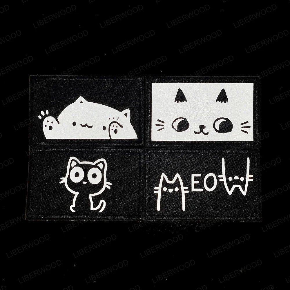 Cartoon Cat Kitten Expression Reflective Patches Dog‘ Cat' Teryx Funny Meow Badge Backpack Clothing Hook Loop Patch Appliques