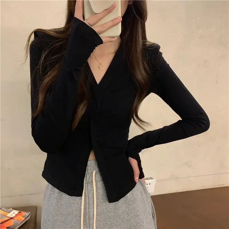 Cross Top Women 2024 Autumn Irregular T-shirt Korean Style Solid Long Sleeve Tees Tshirts Femme Fashion V-neck T Shirt Clothes