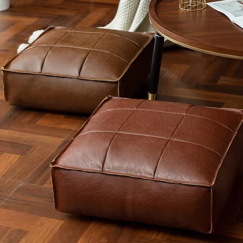 Moroccan PU Leather Pouf Cover Square Floor Cushion Oil Wax Skin Ottoman Footstool Cover Artificial Leather Unstuffed Cushion