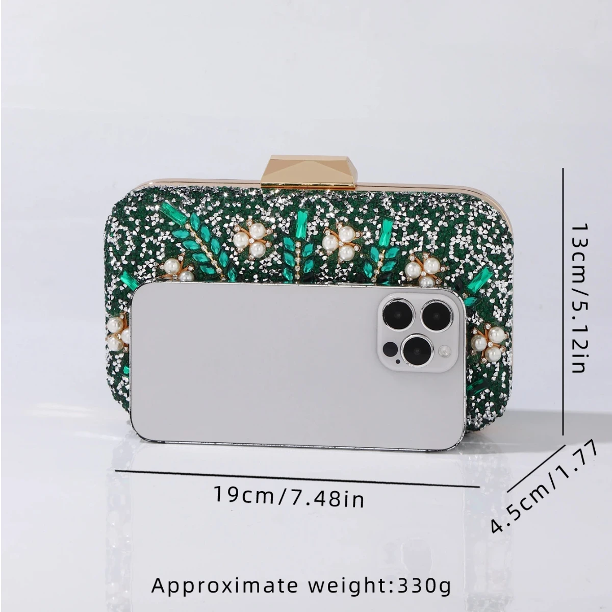 حقيبة كلاتش مسائية فاخرة مزينة بحجر الراين واللؤلؤ باللون الأخضر للنساء - محفظة للحفلات بنمط الأزهار اللامعة مع حزام سلسلة
