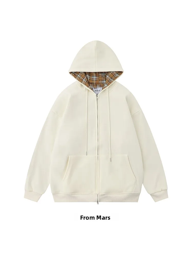 

FR from Plaid Hooded Open Cardigan Sweatshirt Loose Fit Unisex Winter Fashion Street Chic Color Youth Winter Coat