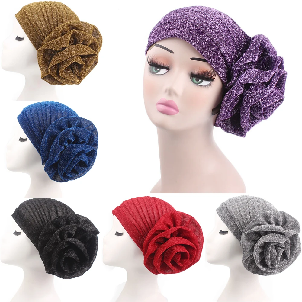 Muslim Women Big Flower Turban Pleated Hat Glitter Beanies Shimmer Bonnet Hair Loss Headscarf African Headwear Chemo Cap Skullie