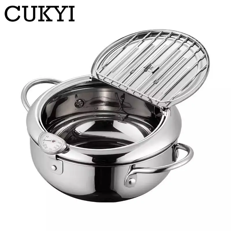 2.2L/3.4L Japanese style deep fryer Gas Tempura Chicken French fries Fryer Stainless Steel Cooking pot boiler with Thermometer