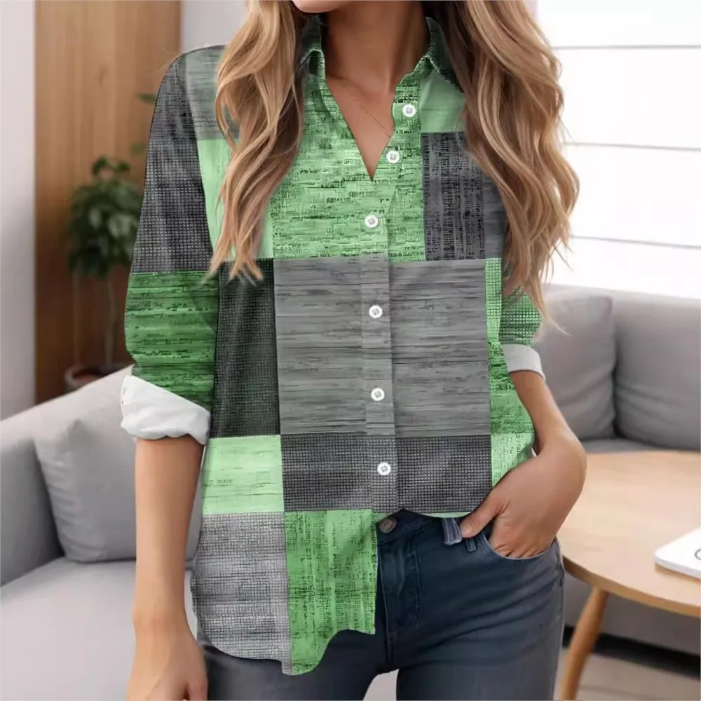 New Plaid Color Block Splicing Printing 3D Digital Loose And Elegant Women's Long Sleeved Shirt Top Office Lady Blouses Y2K Tops