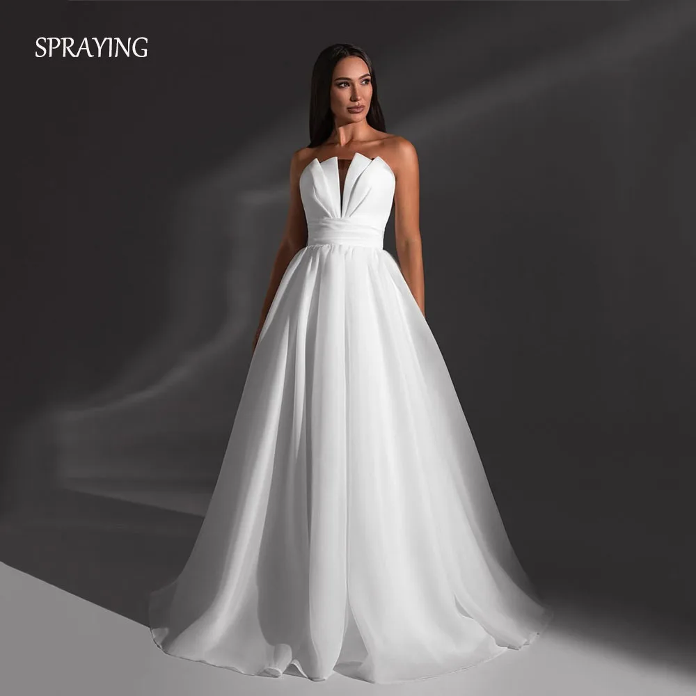 Espraying elegante marfim organza vestido de casamento sem alças sem mangas vestidos de noiva uma linha até o chão robe de mariée personalizado