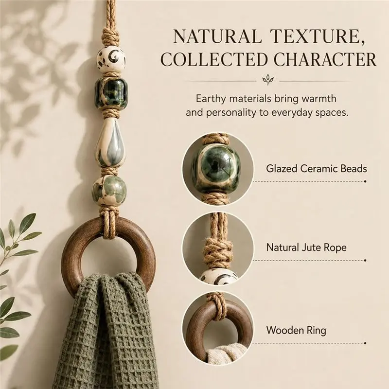 B08B-Beaded Towel Hanger With Wooden Ring, Decorative Farmhouse Wall Mount For Bathroom Boho Style Rack