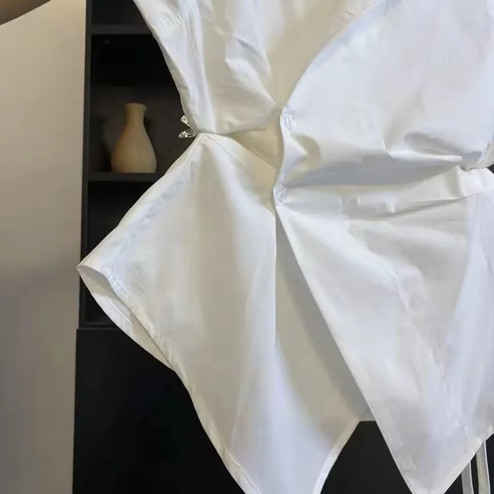 Chemise française plissée de couleur unie, col POLO irrégulier, taille sans manches, pour femmes, nouveau haut polyvalent d'été pour dames