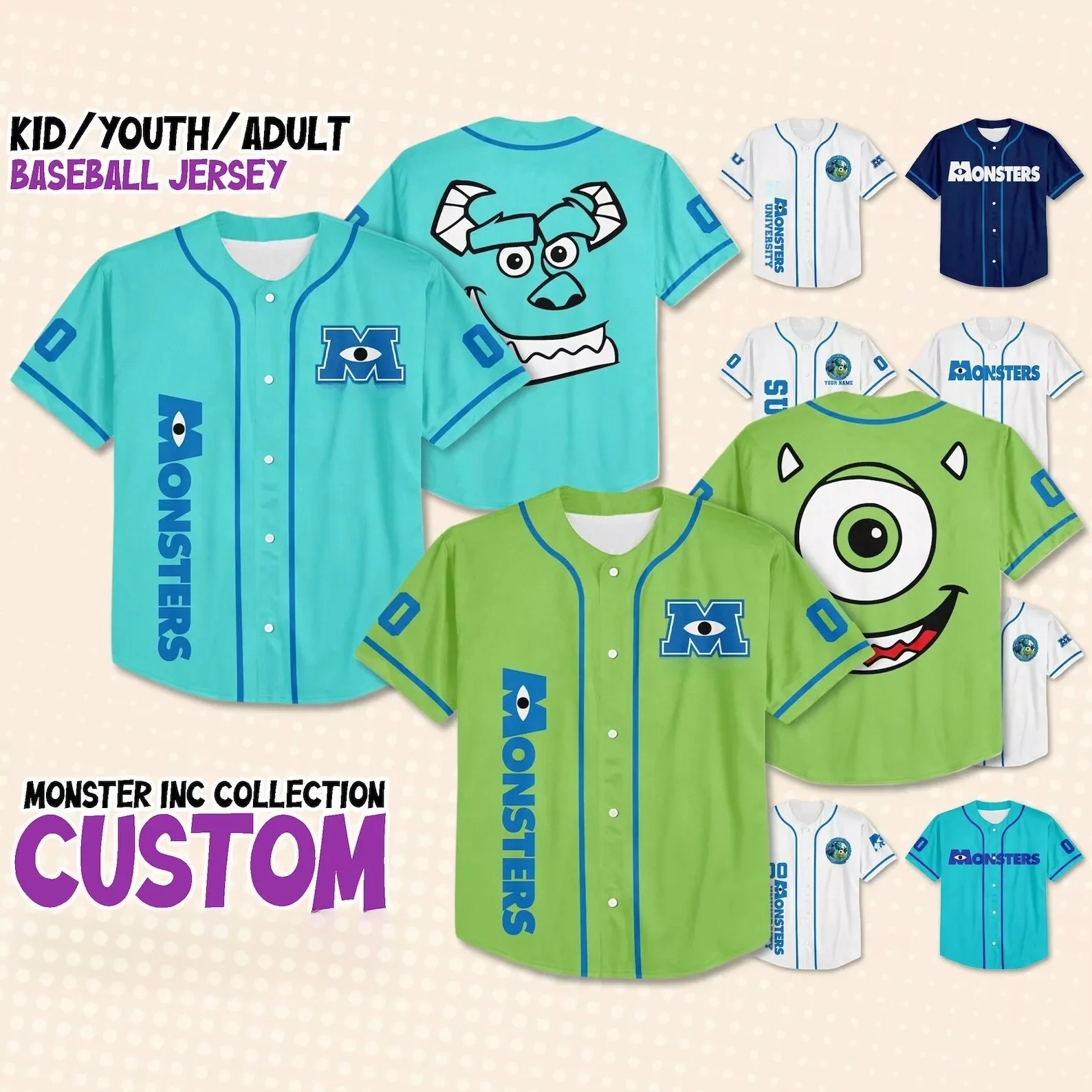 Custom Monster Inc Disney Baseball Jersey Team Personalized Collection Jersey Kids Boys Team Training Uniform Costume For Gifts