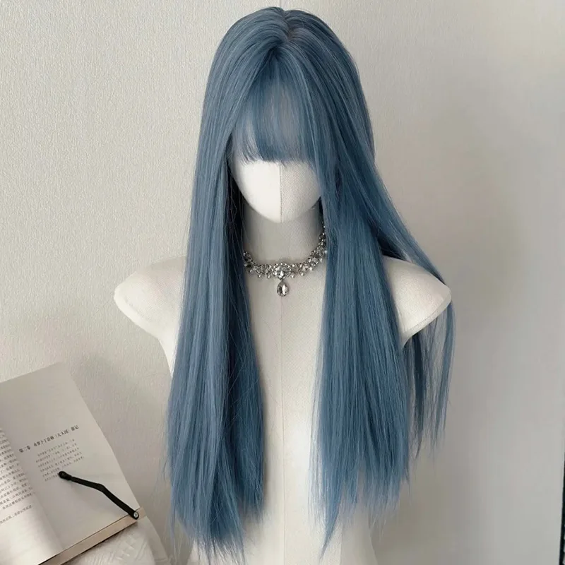 

Blue Wig Female Long Hair Qi Bangs Highlights Blue Simple Long Straight Hair Full Head Wig