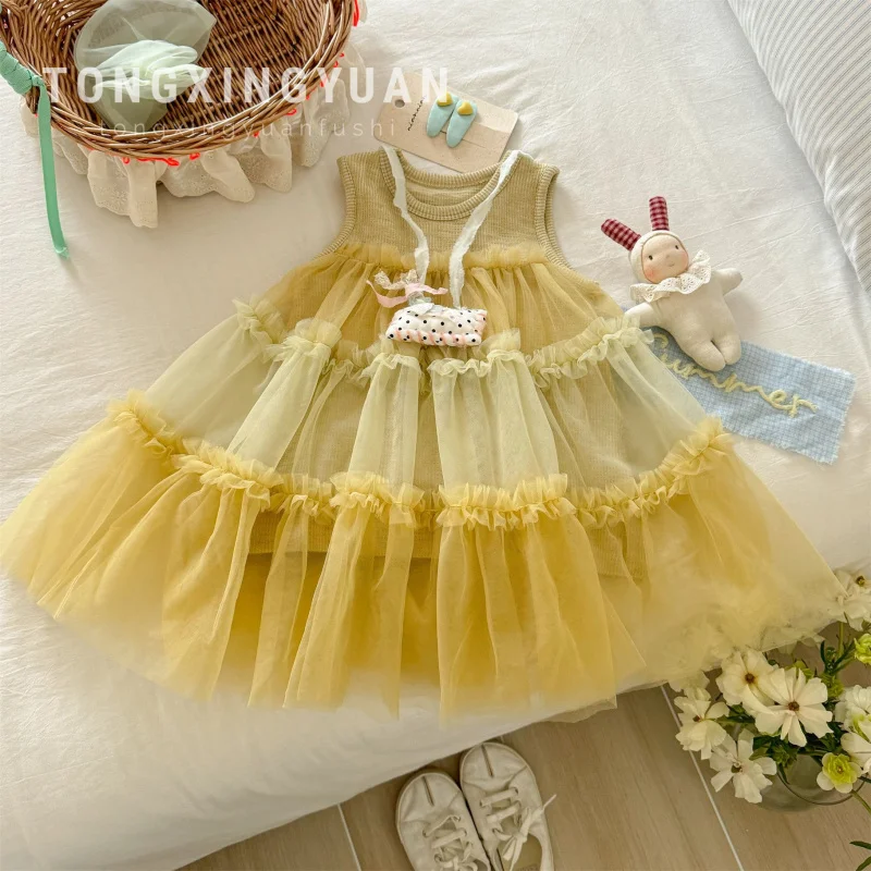 

Korean Girl's Mesh Patchwork Vest Dress Fairy Long Dress Baby Stylish Princess Dress
