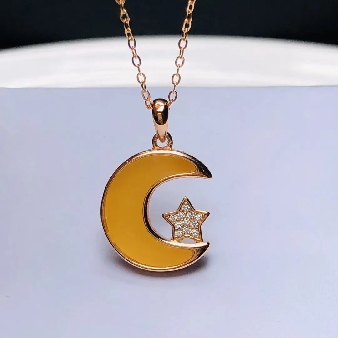 معتمد 925 الفضة الطبيعية البلطيق العنبر الدب/خنزير قلادة قلادة 18K الذهب سميكة مطلي القمر/نجمة غير يتلاشى الاطفال مجوهرات