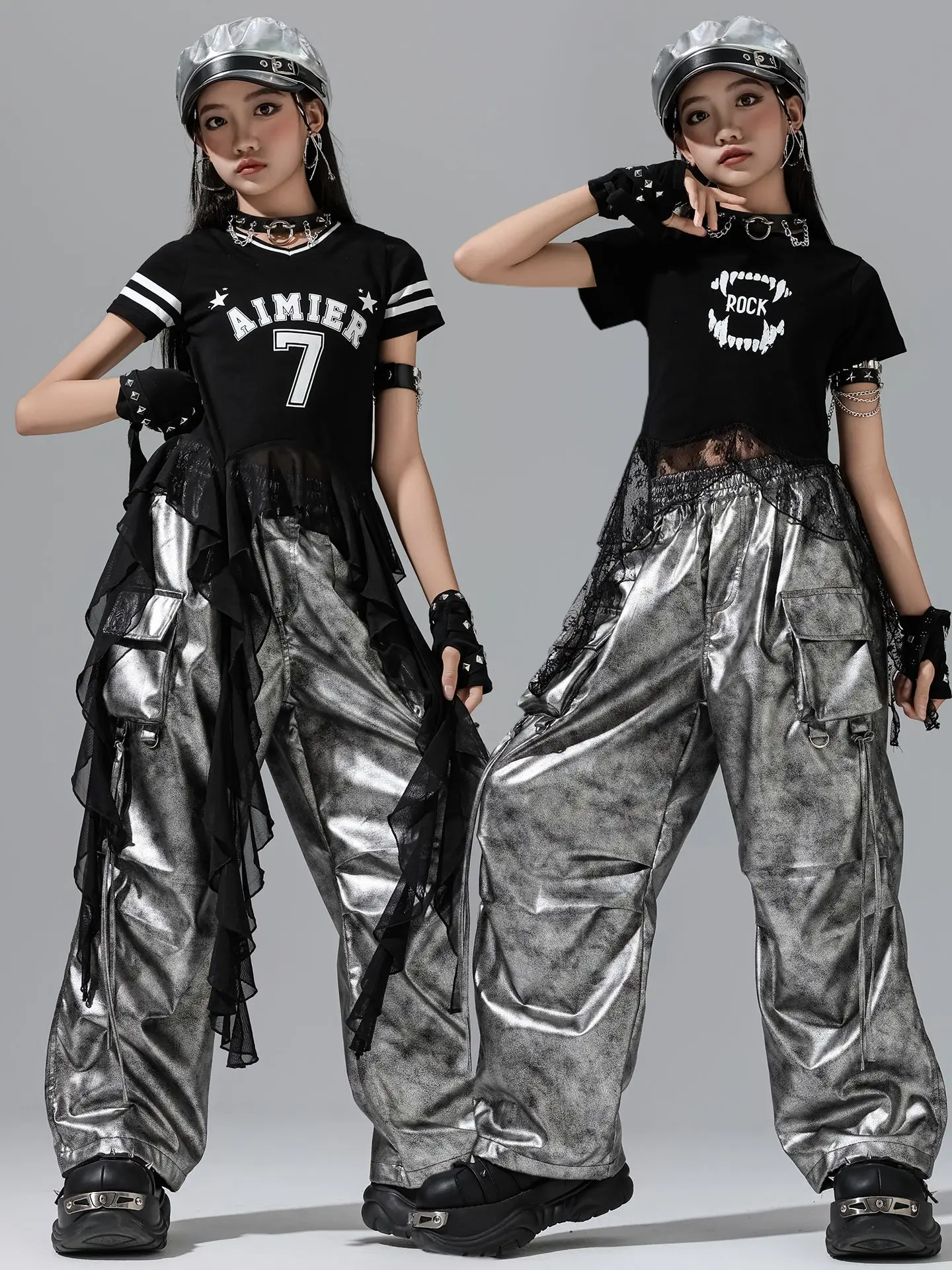 Vêtements de danse Jazz pour filles, hauts nombril d'été, pantalons hip hop argentés, Costume de spectacle de Concert de Style Kpop, vêtements de scène pour enfants BL16656