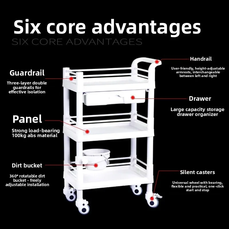 ABS Beauty Cart Three Tier Storage Trolley Portable Medical Salon Utility Mobile Organizer Cart Salon Trolley Cart Salon Cart