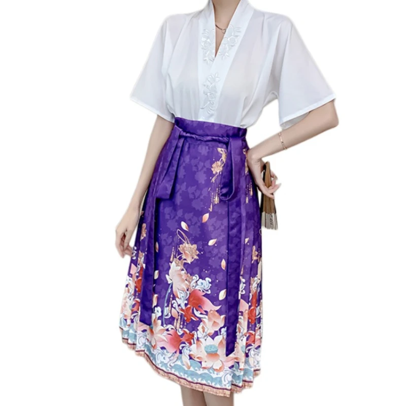 New Chinese Style Women\'s Clothing Improved Horse-Face Skirt Petite Set 2024 Summer New Embroidery V Neck Blouse Print Skirt