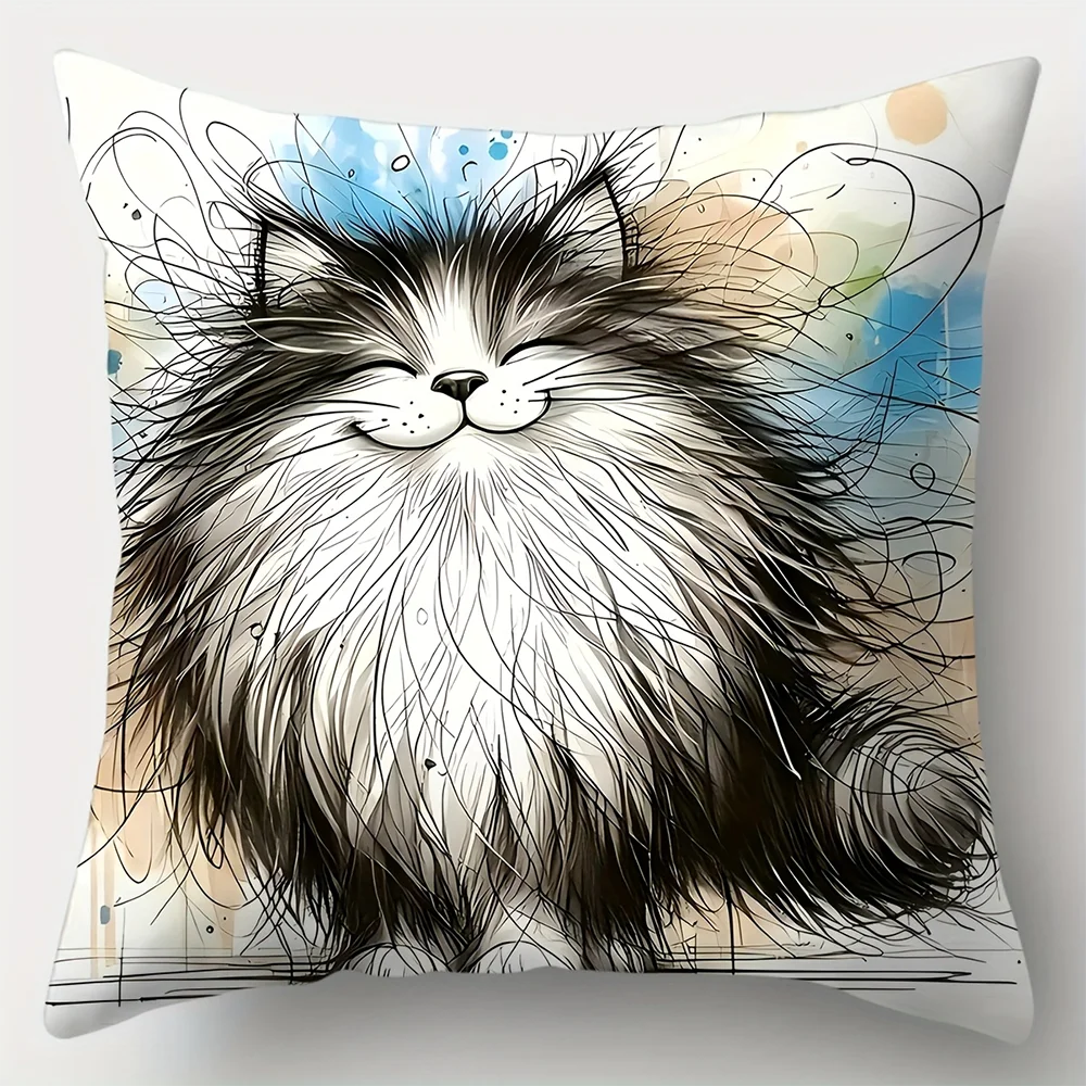 1pc Funny Fluffy Cartoon Cat Throw Pillow Covers Cute Whimsical Kitten Cushion Cases for Home Decor Non-embroidered