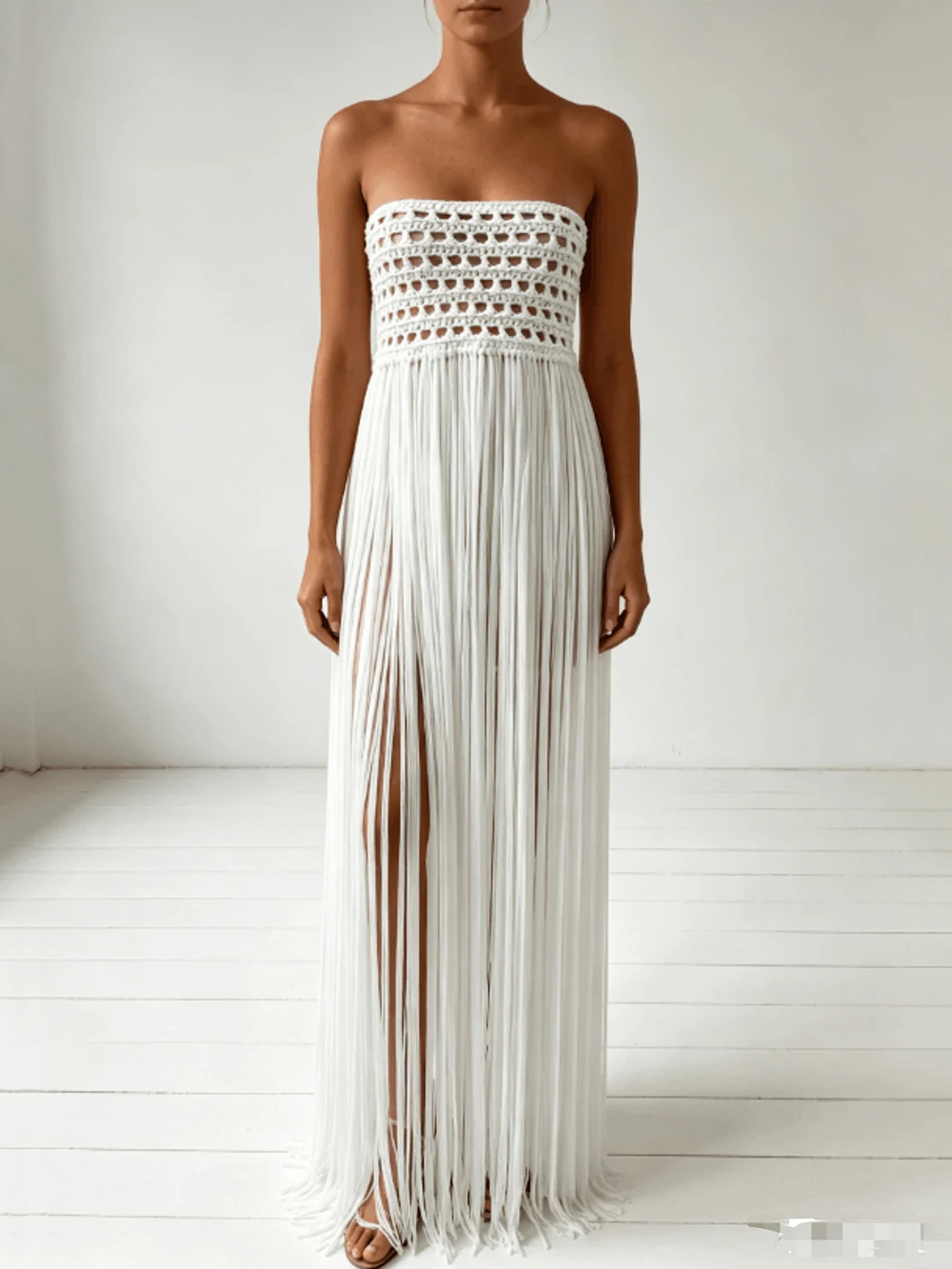 Modphy 2026 White Women Strapless Long Tassel Sexy Perspective Design Lace-Up Maxi Dress Fashion Club Beach Vacation Party Dress
