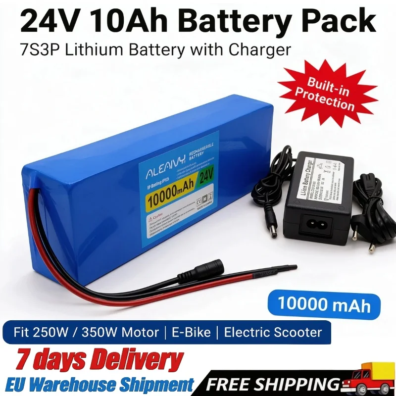 Pacco batterie al litio 24V 10Ah 7S3P, con protezione integrata, fornito con caricabatterie, batteria di riserva adatta a motori da 250W e 350W per biciclette elettriche e scooter elettrici.