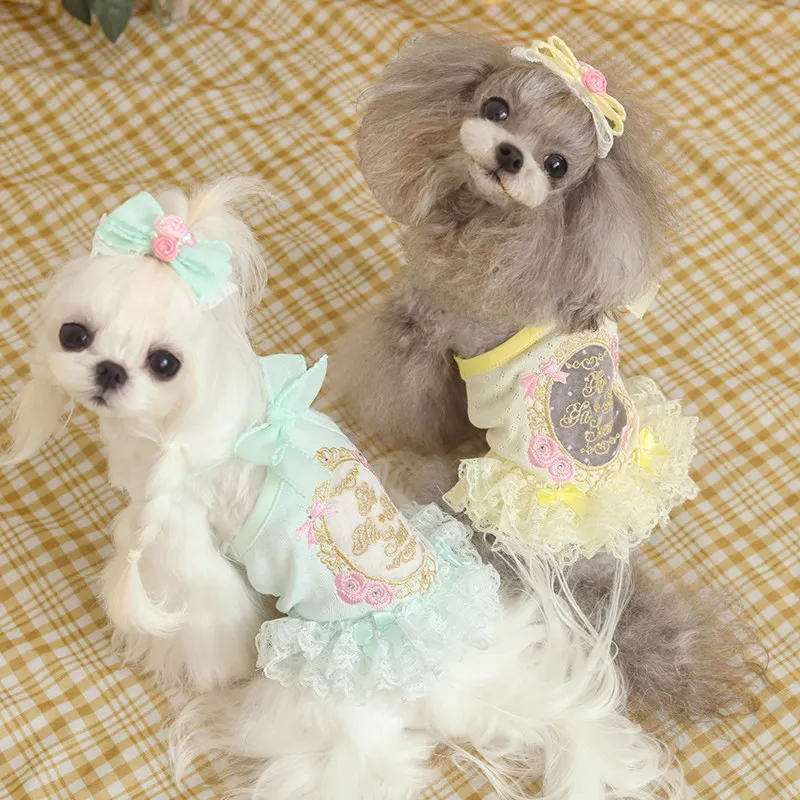 Thin Breathable Hollow Out Pet Lace Slip Dress Thread Rose Embroidery Rhinestone Bow Sling Dress Summer Cool Clothes for Pets