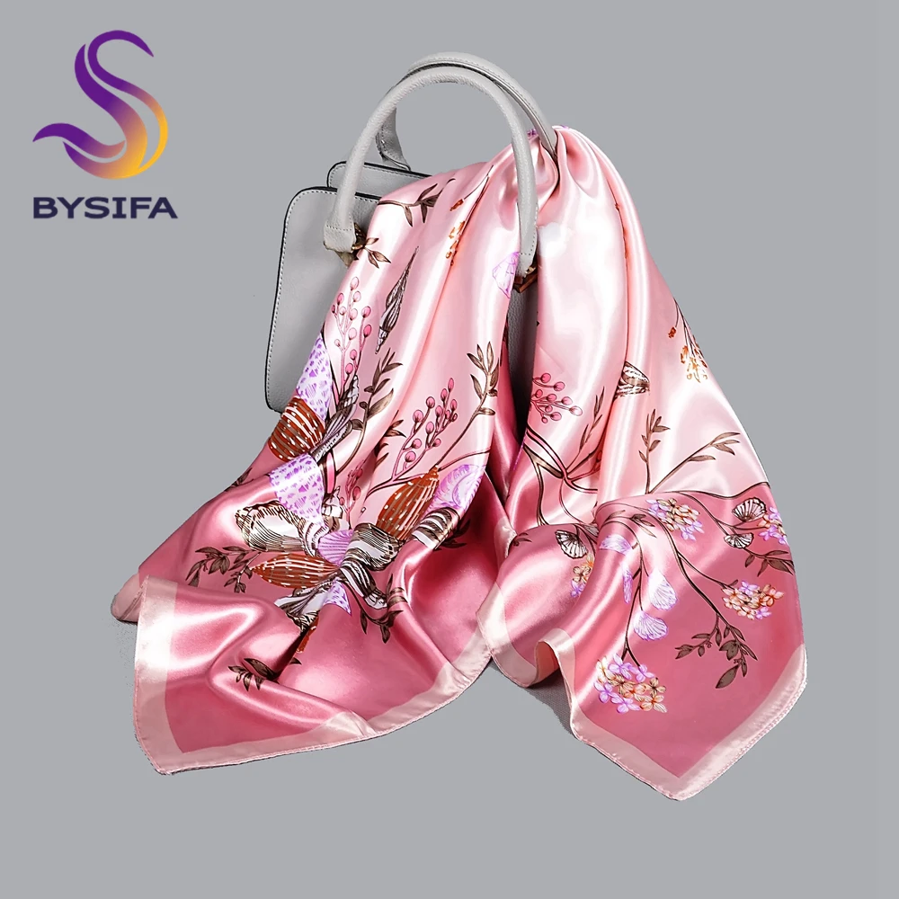 Bisifa | rosa novo xale de seda cachecol moda feminina elegante floral quadrado cetim cachecóis fouldard outono inverno pescoço cachecóis hijiabs