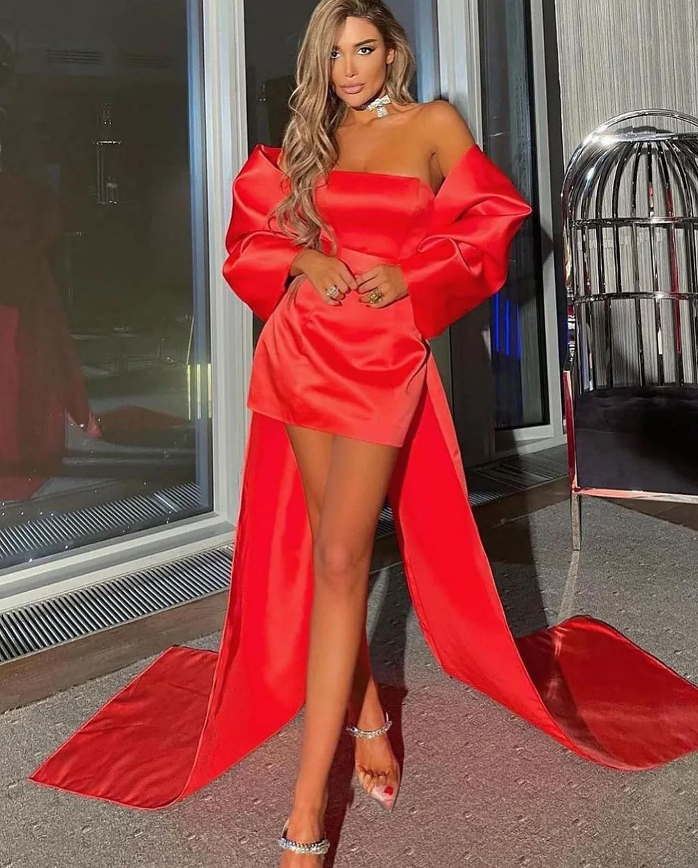 

Msikoods Red Satin Formal Evening Dresses Detachable Drapes Train Sexy Party Gown Saudi Arabric Prom Dress For Women