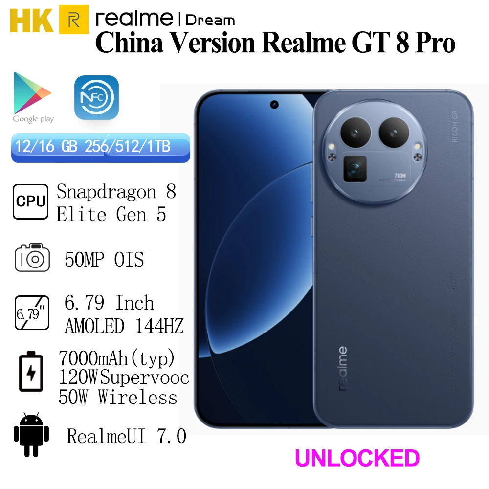 شاشة Realme GT 8 Pro Unlock Snapdragon8Elite Gen5 6.79 بوصة 144 هرتز 50 ميجابكسل OIS بطارية 7000 مللي أمبير 120 وات شحن فائق 50 وات NFC لاسلكي