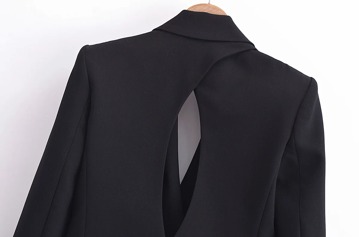 Tangada 2024 Women Black Hollow Crop Blazer Jacket Backless Long Sleeve Ladies Suit 6P054