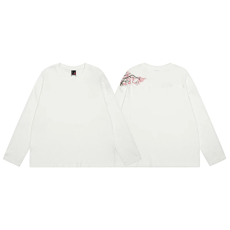 

Men Women White Derschutze T-Shirt Loose Breathable Waffle Fabric Long Sleeve Embroidery Sakura Pattern Comfort Top Clothes