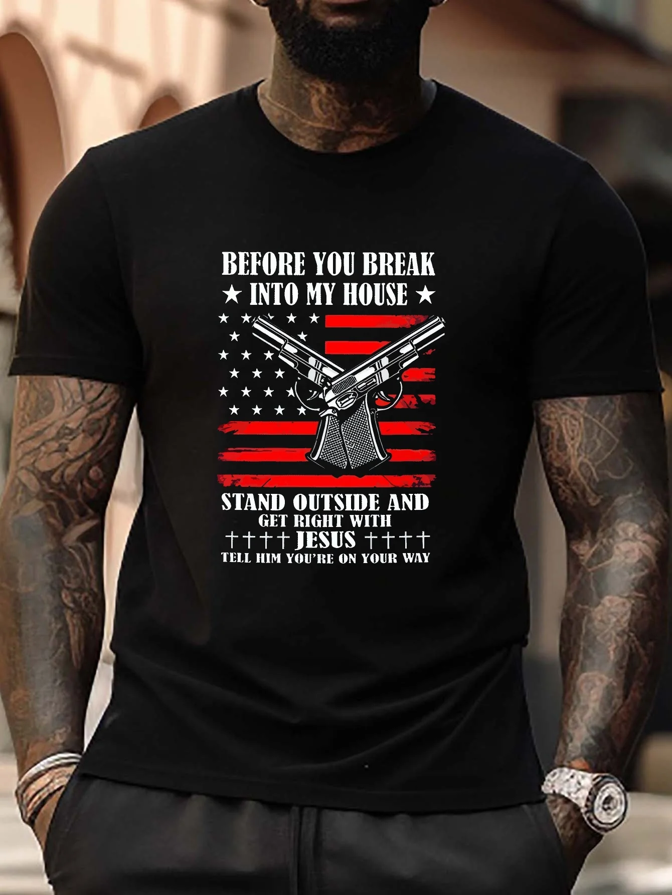 

Gun & Flag Graphic design -100% cotton summer O-neck short sleeve casual printed Men's T-shirt.