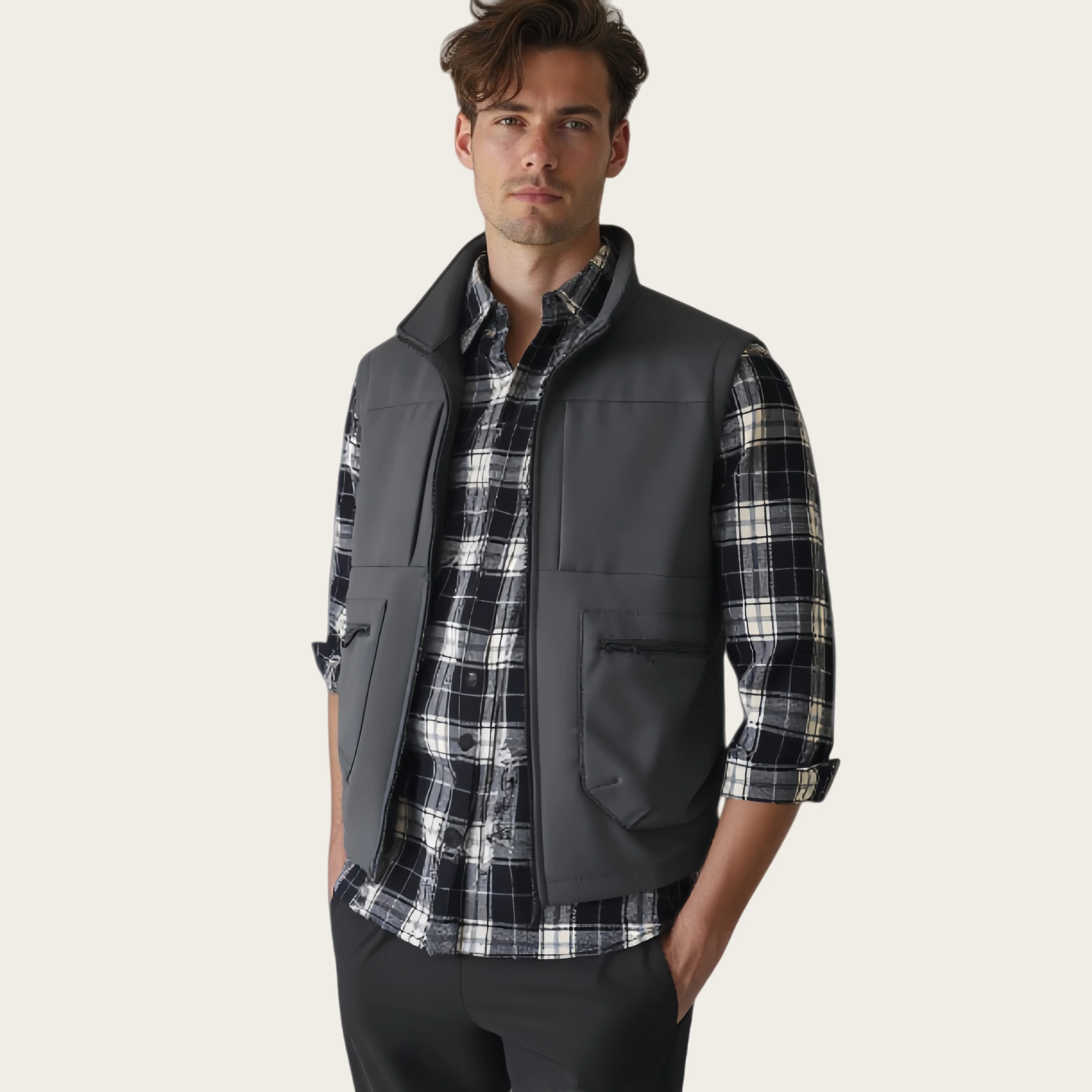 Men's Outdoor Multi-Pocket Open Cardigan Collared Vest Pure Color Simple Sleeveless Shoulder Pad Fishing Vest Top Sport Vest