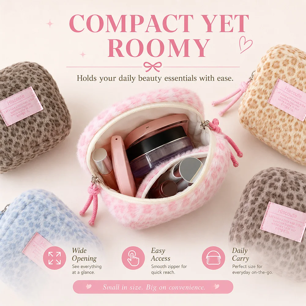 Leopard Print Plush Cosmetic Bag Cute Warm Mini Square Makeup Bag Lightweight Lipstick Box Makeup Storage Bag for Daily Use